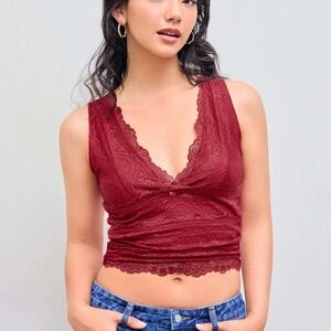 Cider Women's Size S Lace Tank Top‎ Burgundy Red Plunge Neck Y2K Euro Crop